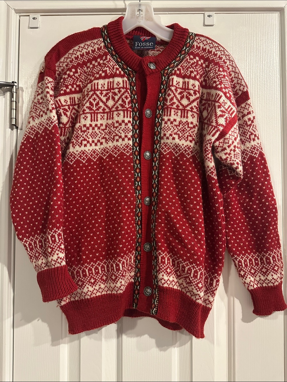 Sandviken Nordic Fair Isle Wool Cardigan Small Red Viking Motif Button